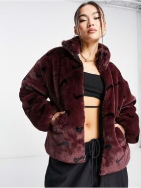 Nike Women's Burgundy Teddy Faux-Fur Jacket with Black Swoosh Accents